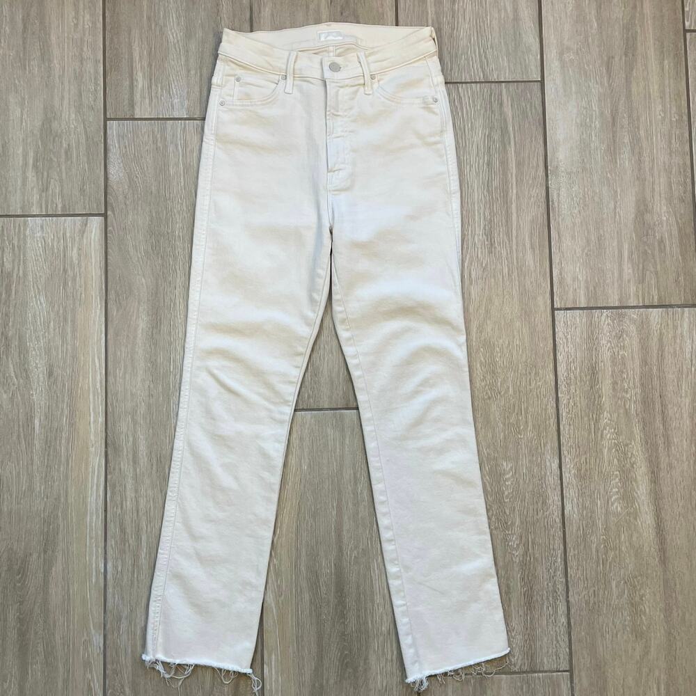 Mother Rascal Ankle Fray Jeans 27 High Rise Straight Crop Off White